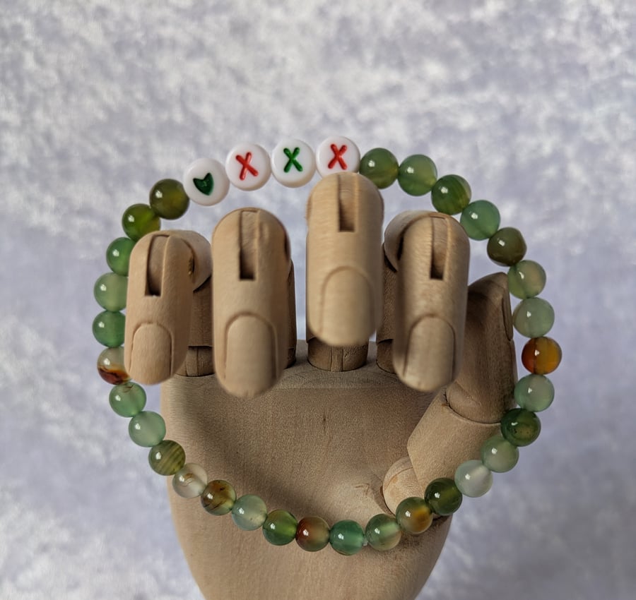 Letter bead bracelet  'XXX' (three kisses) with Peacock agate crystals