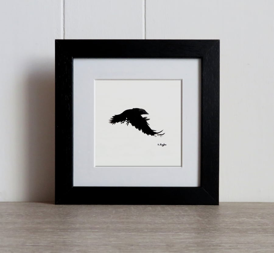 Jackdaw flying original charcoal pencil drawing, bird lovers gift