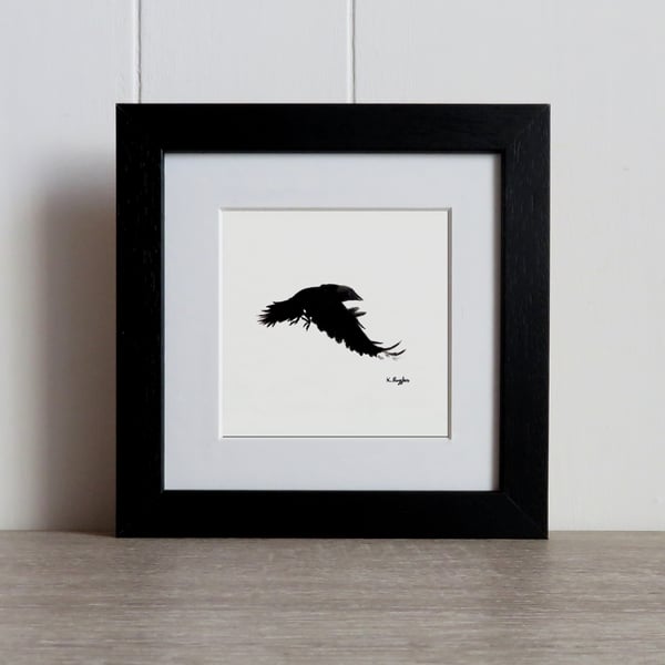 Jackdaw flying original charcoal pencil drawing, bird lovers gift