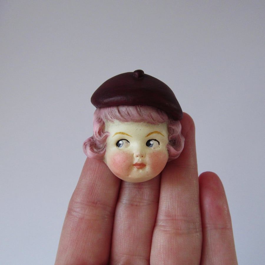 Dottie Dollie Pin Brooch - Rose with a Burgundy Beret