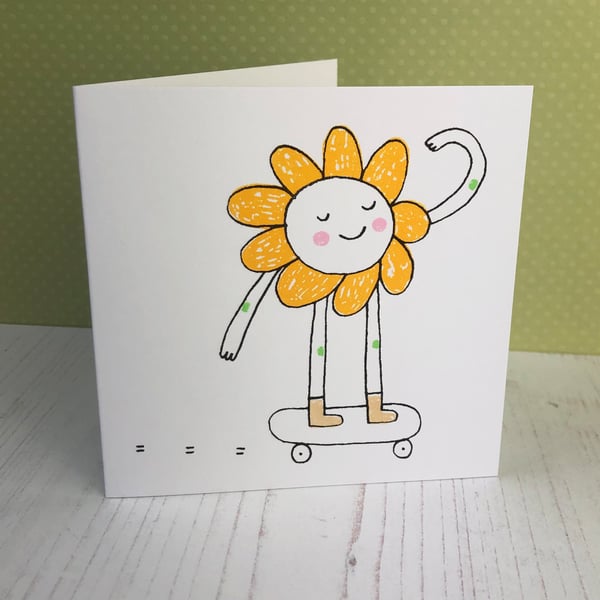 Happy Flower on a Skateboard Screenprinted Card