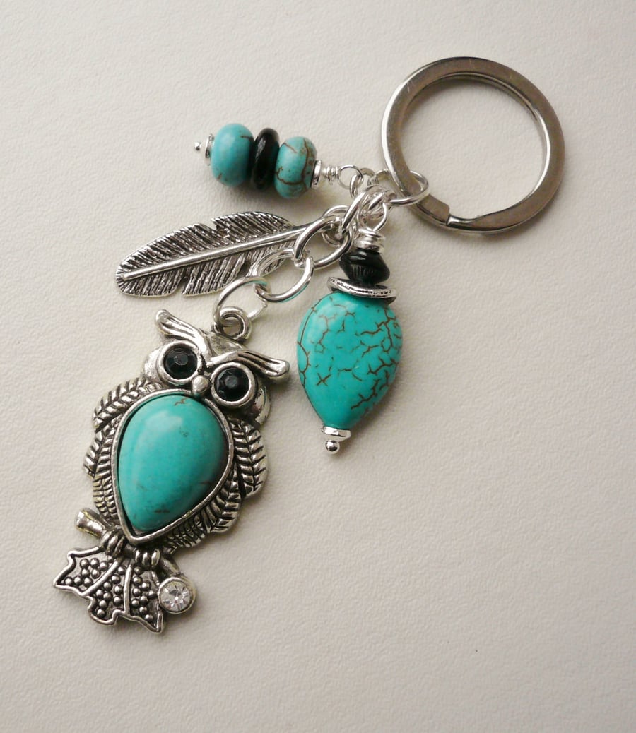 Turquoise Howlite and Black Glass Beaded Tibetan Silver Owl Keyring   KCJ1252
