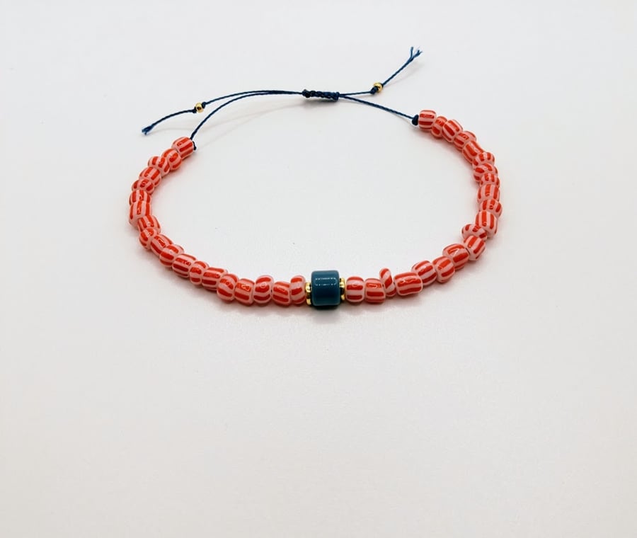 Red stripe rock candy glass bead adjustable string bracelet