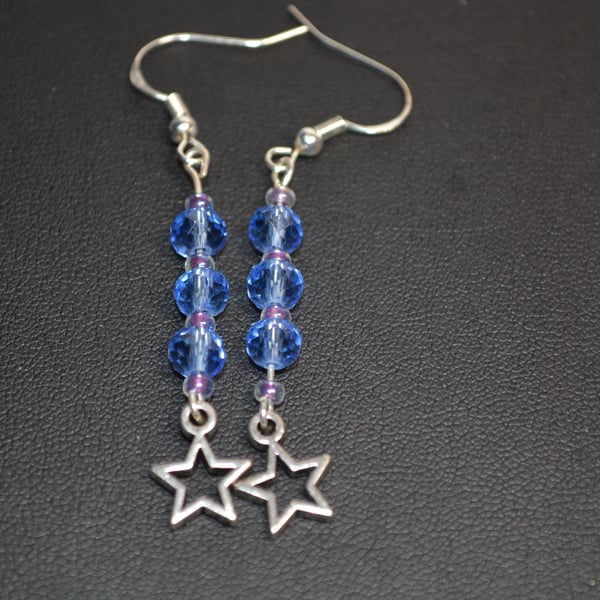 Blue glass beaded earrings with silver metal star charm