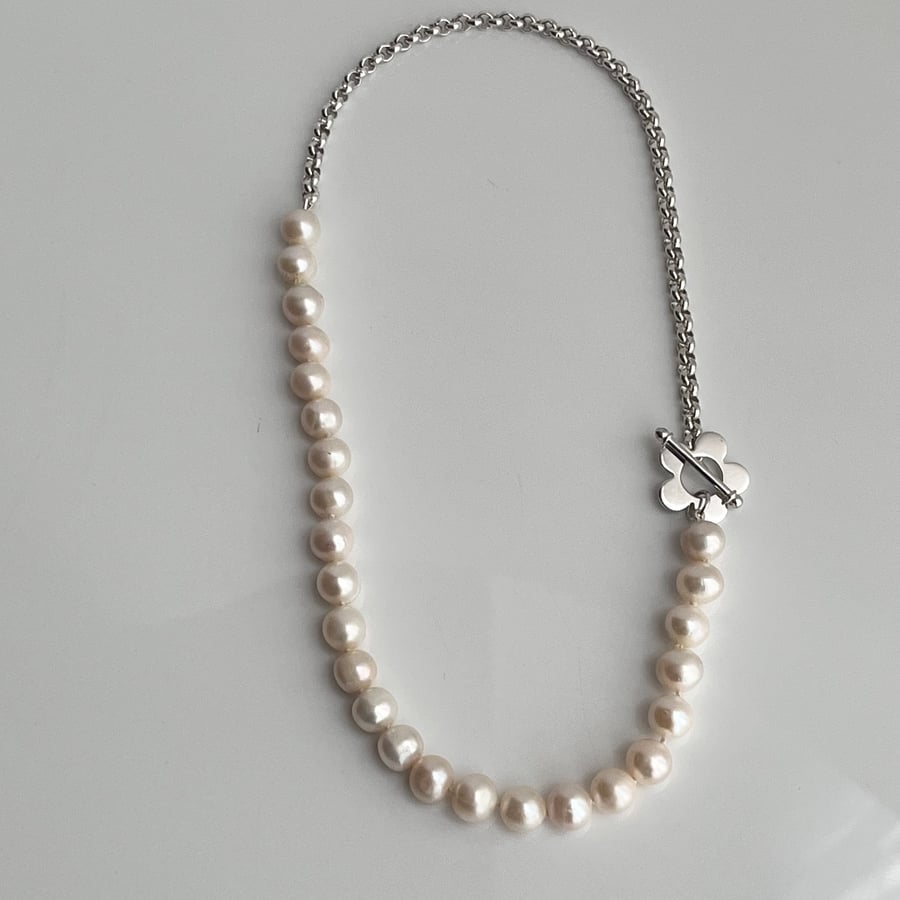 Asymmetric Pearl & Sterling-Silver Chain Necklace, Clover Toggle Clasp
