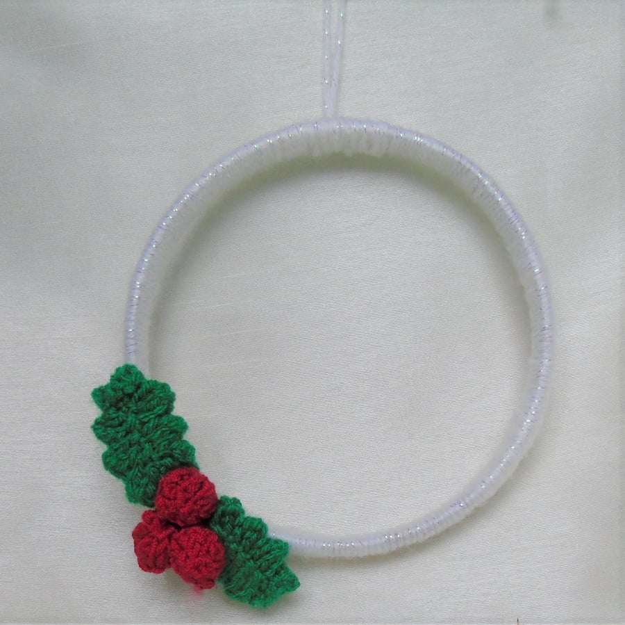 Holly Wreath Christmas decoration - white sparkle yarn wrapped hoop - 5 ins