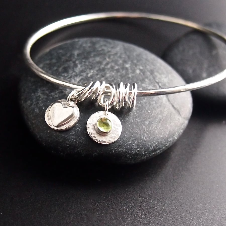 Sterling Silver Bangle with Heart Charms and Peridot