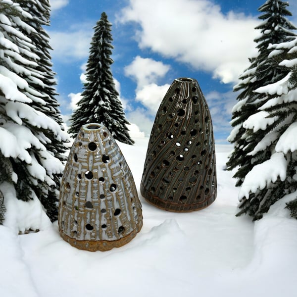 Set of 2 hand crafted Christmas Tree T-light holders