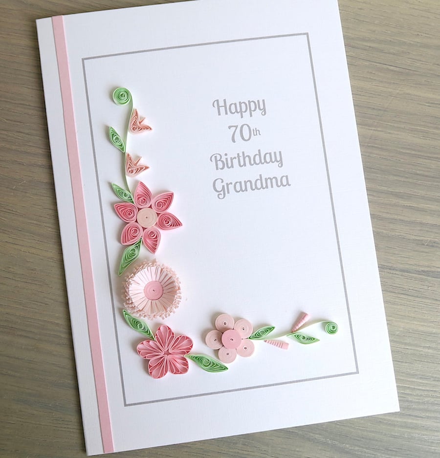 Personalised quilled 70th birthday card for grandma, handmade, any age, any name