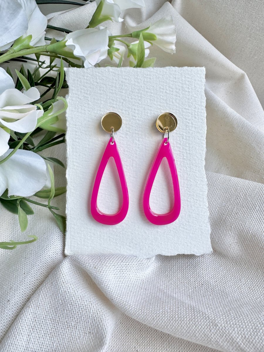 Hot Pink Acrylic Teardrop Earrings - Gold Mirror Disc Dangles