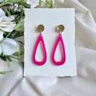 Hot Pink Acrylic Teardrop Earrings - Gold Mirror Disc Dangles