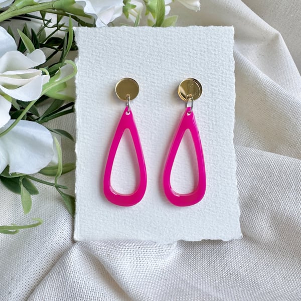 Hot Pink Acrylic Teardrop Earrings - Gold Mirror Disc Dangles