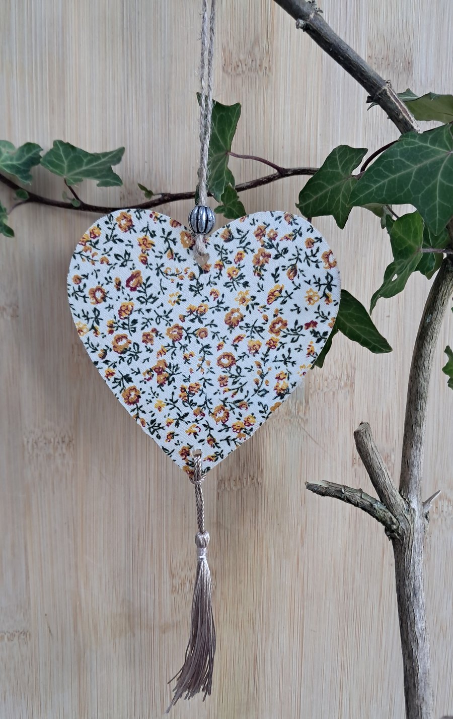 Three Wooden Hanging Hearts with Fabric Decoupage