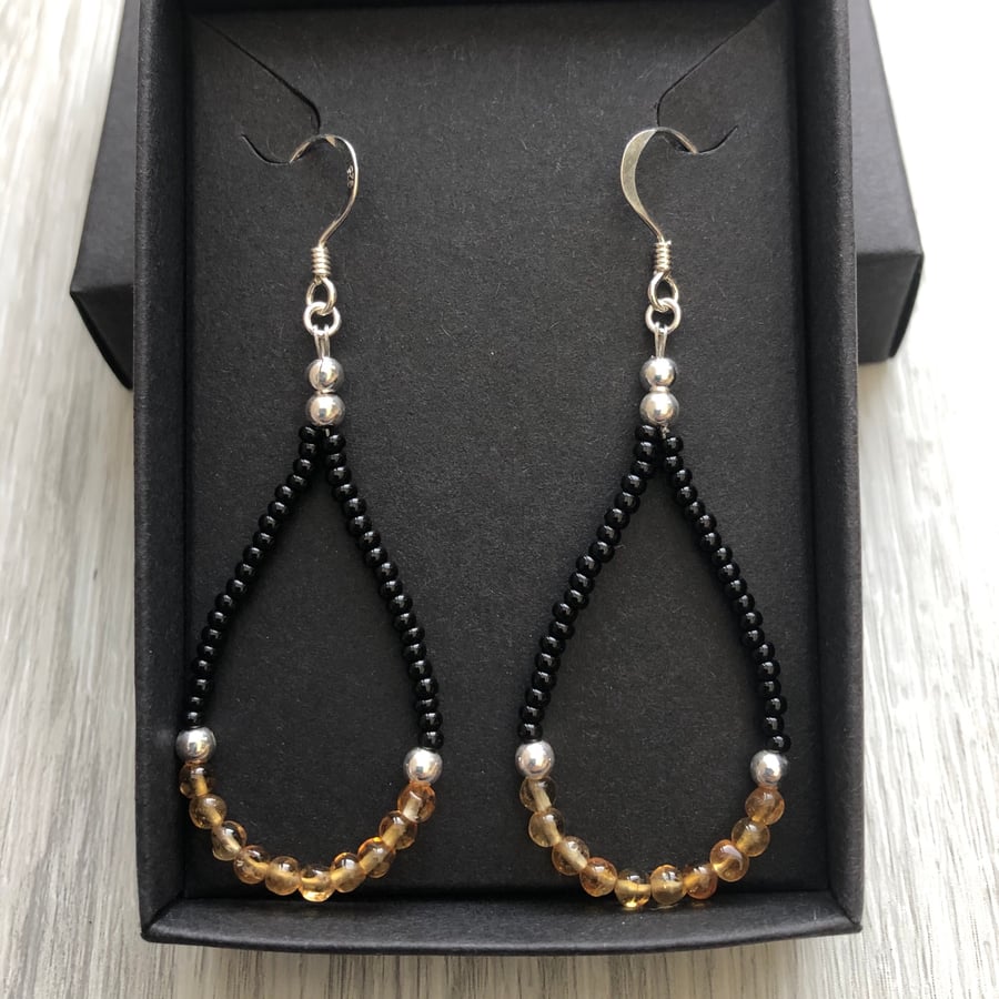 SALE.. Citrine and black beaded drop earrings. Sterling silver.