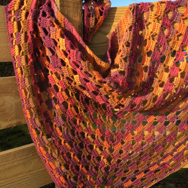 Handmade triangular shawl in Autumn colours soft wool mix yarn