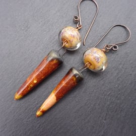 brown lampwork glass and ceramic earrings, copper jewellery