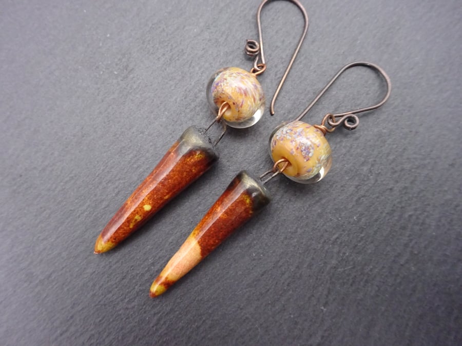 brown lampwork glass and ceramic earrings, copper jewellery