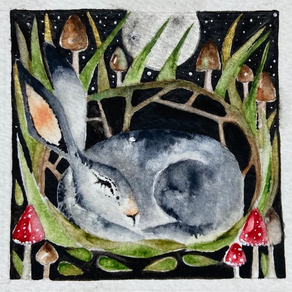 Original Watercolour Sleeping Autumn Hare Rabbit 