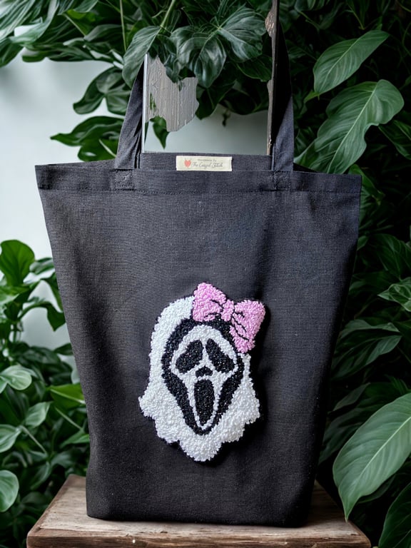 Handmade Sparkle Ghostface Punch Needle Tote Bag,Pink Bow Horror Tote Bag