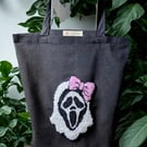 Handmade Sparkle Ghostface Punch Needle Tote Bag,Pink Bow Horror Tote Bag