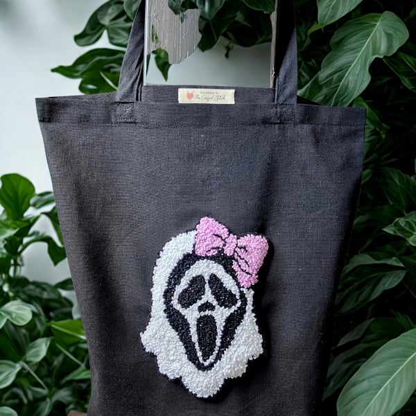 Handmade Sparkle Ghostface Punch Needle Tote Bag,Pink Bow Horror Tote Bag