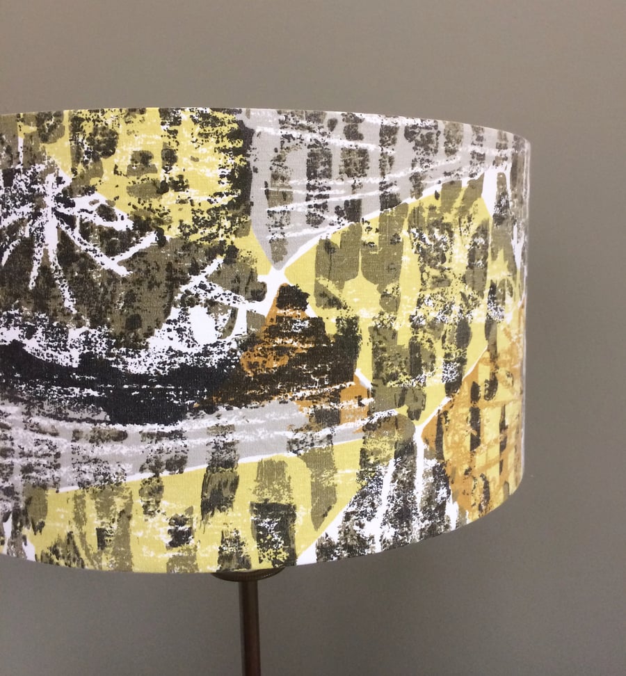 Abstract David Whitehead Mid Century Grey Yellow 50s  Vintage Fabric lampshade 