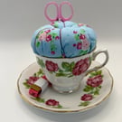 Vintage Royal Vale Roses Teacup Pin Cushion and Sewing Set  (1)