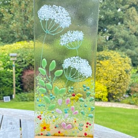 Wild meadow free standing  glass  art in an oak base 