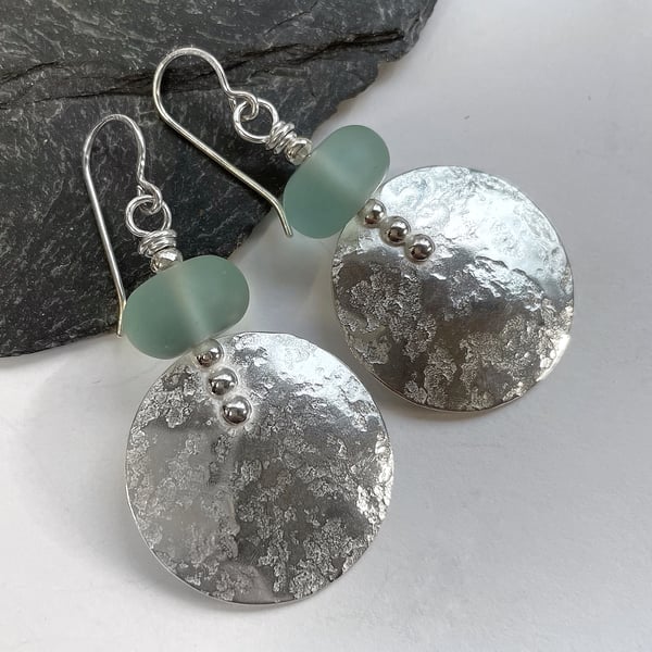 Large round silver and frosted aqua glass earrings 