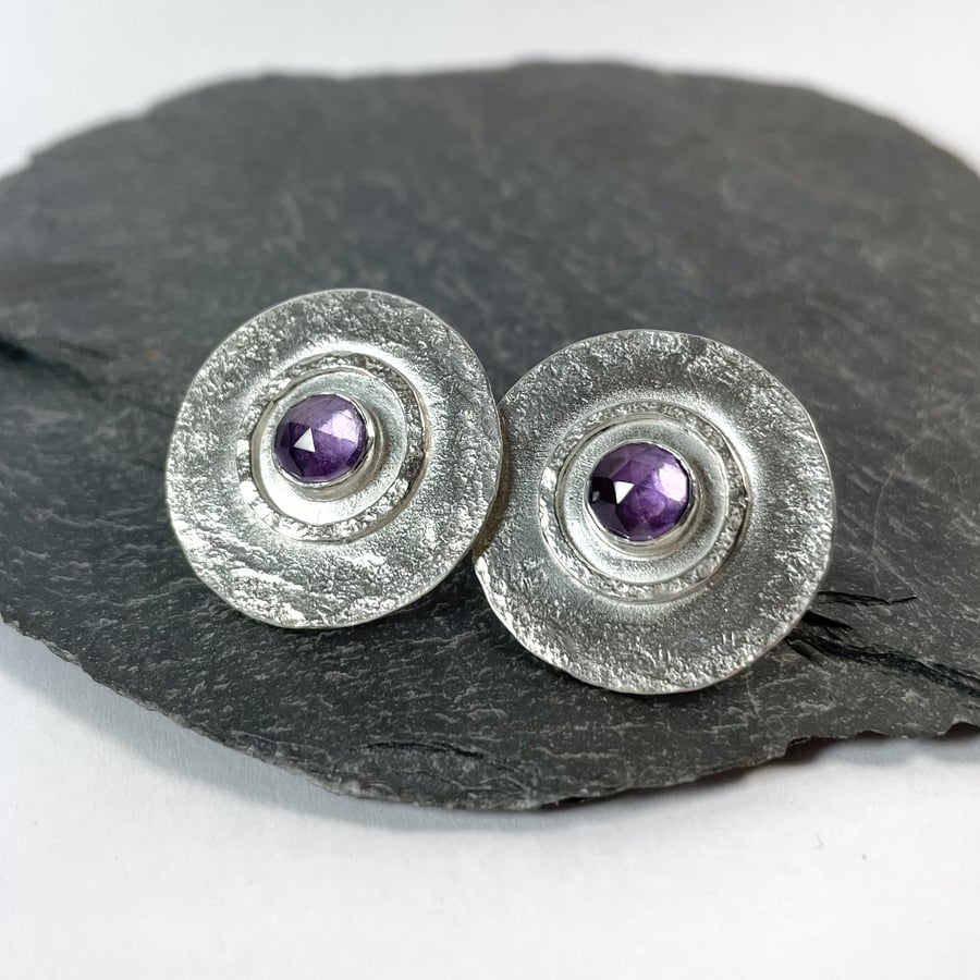Sterling silver and amethyst large round stud earrings 