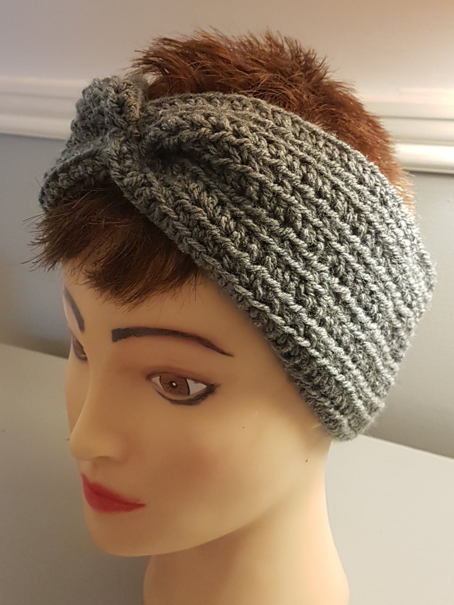 Hand crochet twisted Grey ear warmer hair band Size Medium 