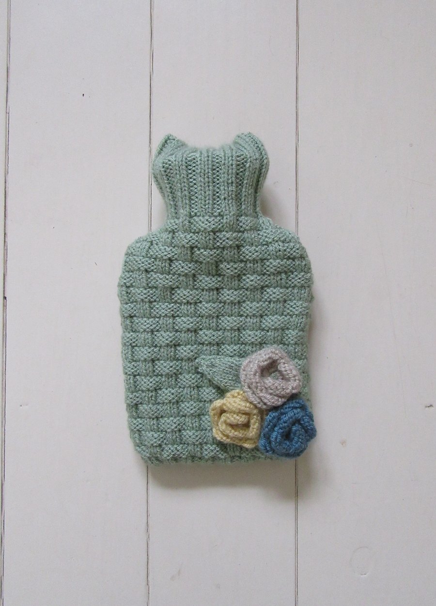 SALE Hot water bottle cover - green with coloured roses