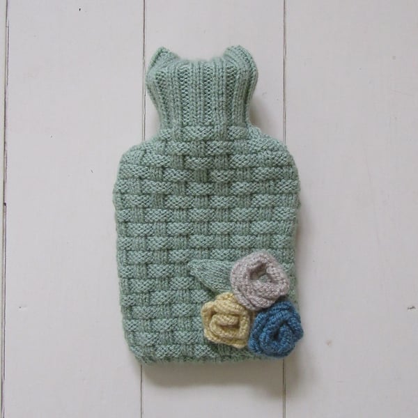 Hot water bottle cover - green with coloured roses