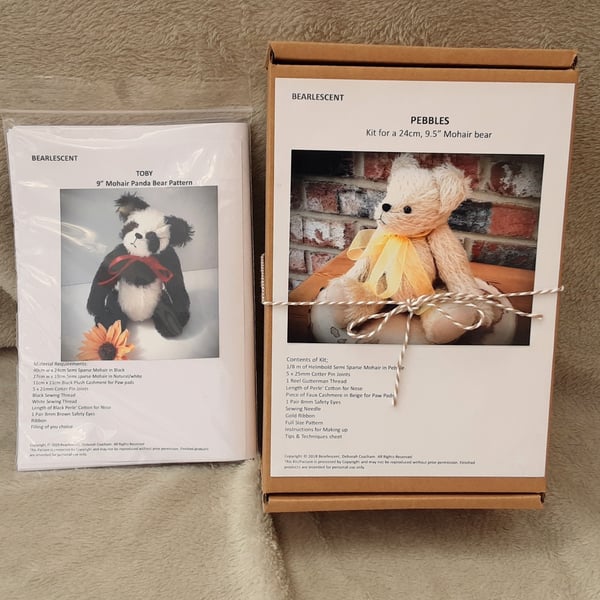 Mohair Teddy bear kit to make your own bear with panda bear sewing pattern
