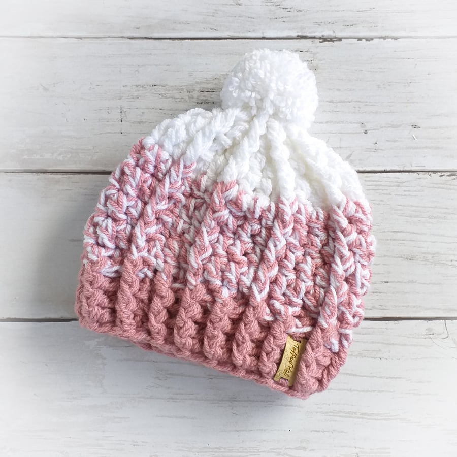 Pink Crochet Hat, Baby Beanie Pom-Pom Hat