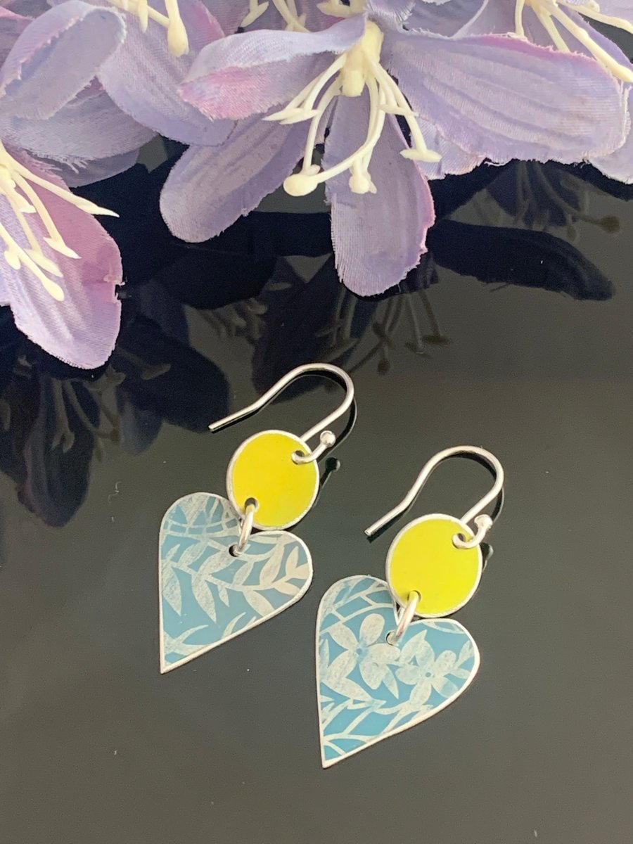 Printed Aluminium and sterling silver heart earrings -lime and duck egg blue