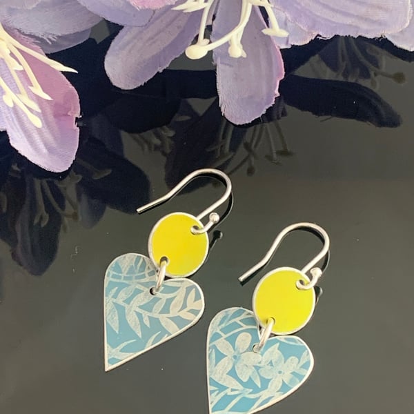 Printed Aluminium and sterling silver heart earrings -lime and duck egg blue