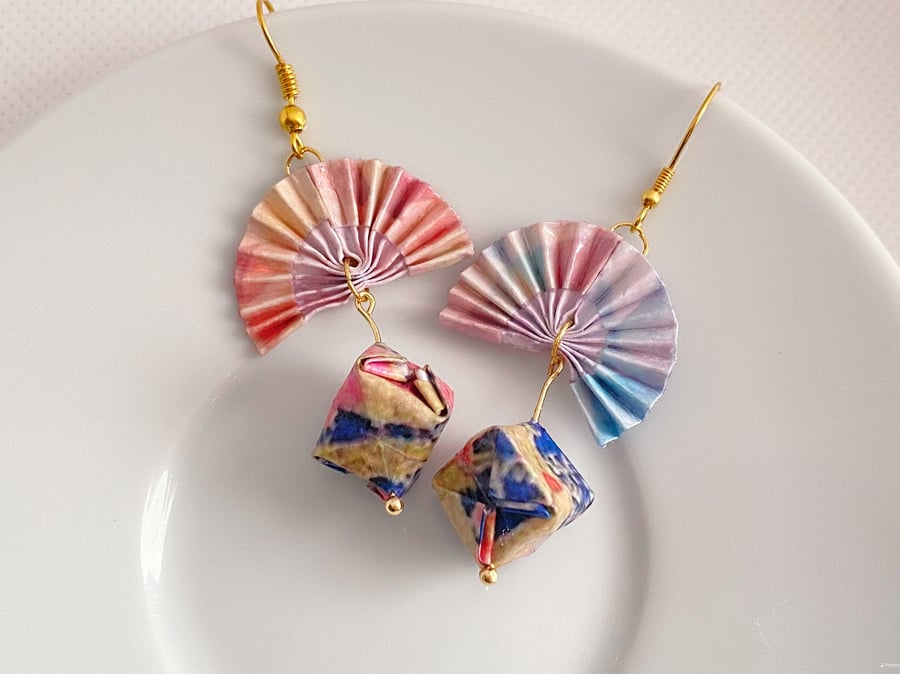 Origami Paper Fan and Spherical Dropped Earrings