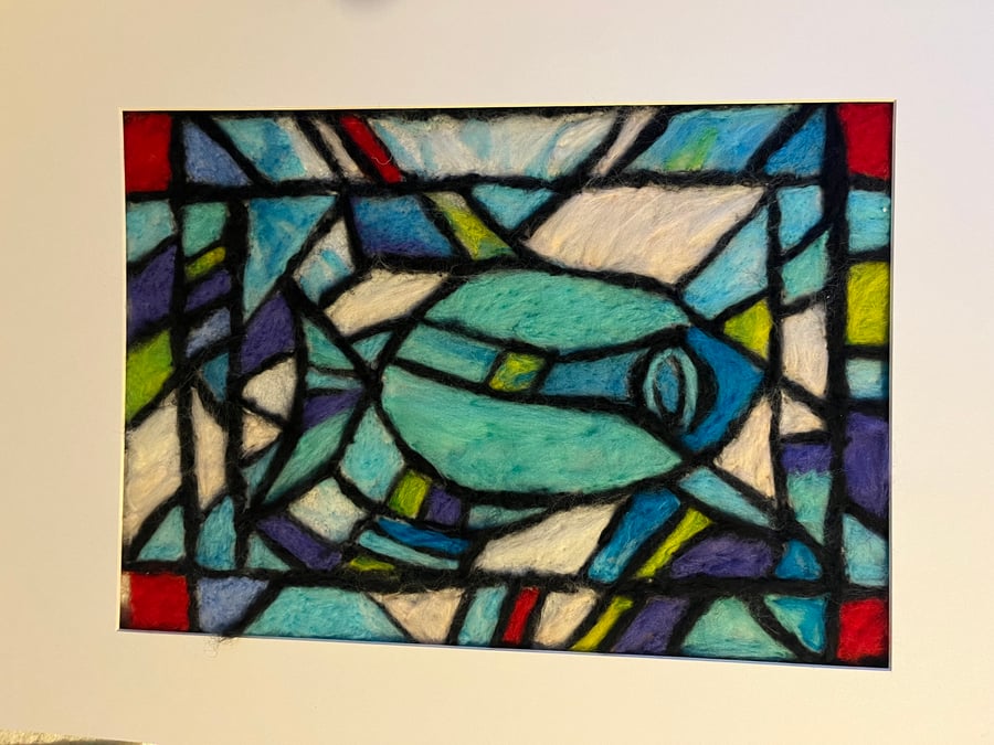 Stained glass fish - wool painting commission, needle felt wall Art