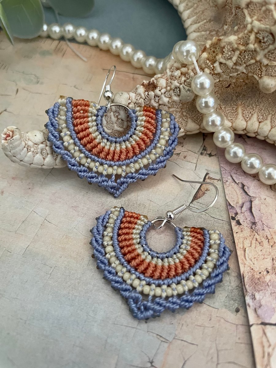 Boho beaded macrame fan shape earrings, gift for her, gift for teen girl, yogi  