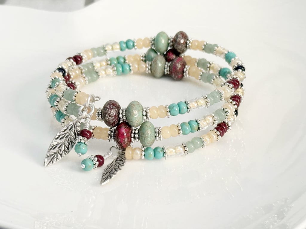 Sage green and deep red beaded wrap bracelet