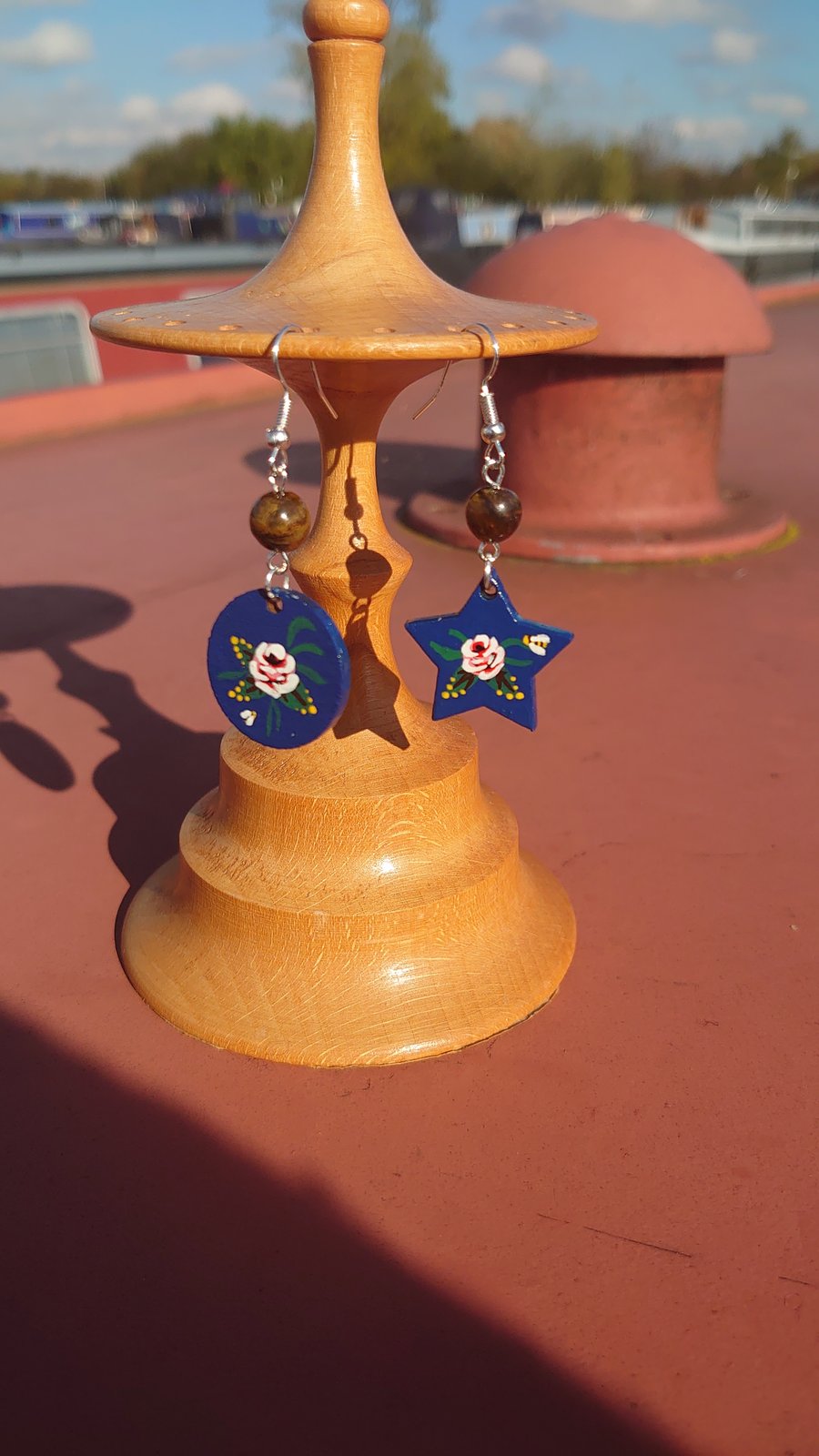 Moon and Stars Hand painted Rose and Castle Earrings 
