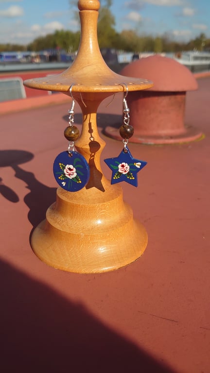 Moon and Stars Hand painted Rose and Castle Earrings 