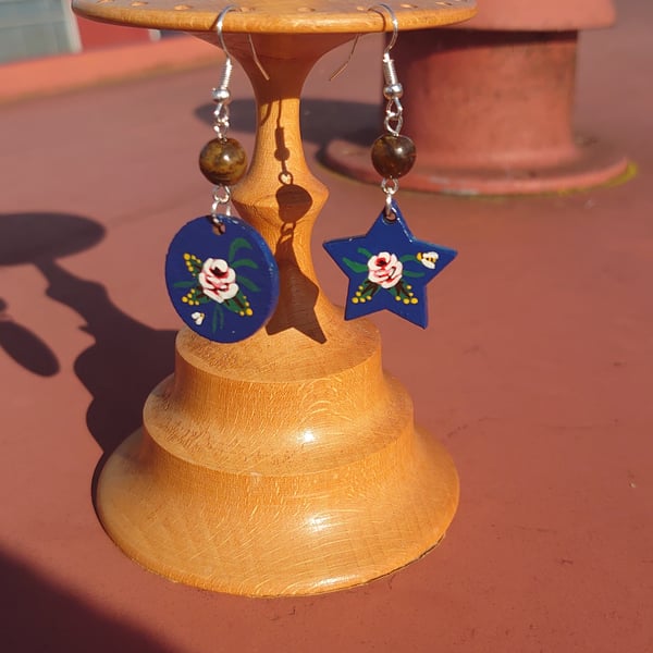 Moon and Stars Hand painted Rose and Castle Earrings 