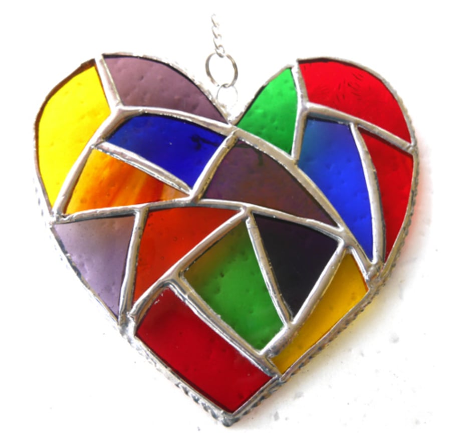Fat Patchwork Heart Suncatcher Rainbow Stained Glass Handmade 024