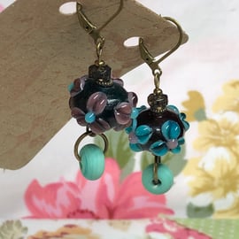 Purple floral lampwork bead earrings 