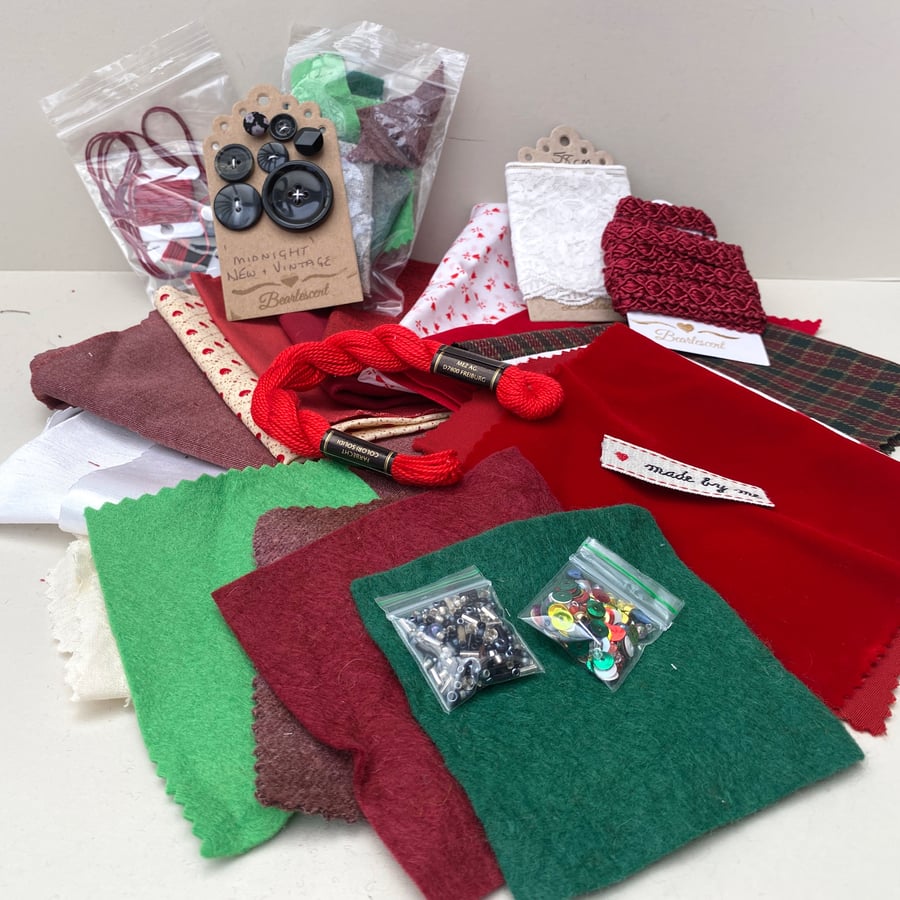 Slow Stitching fabric, thread and stitch kit, fabric and trims bundle ref 18