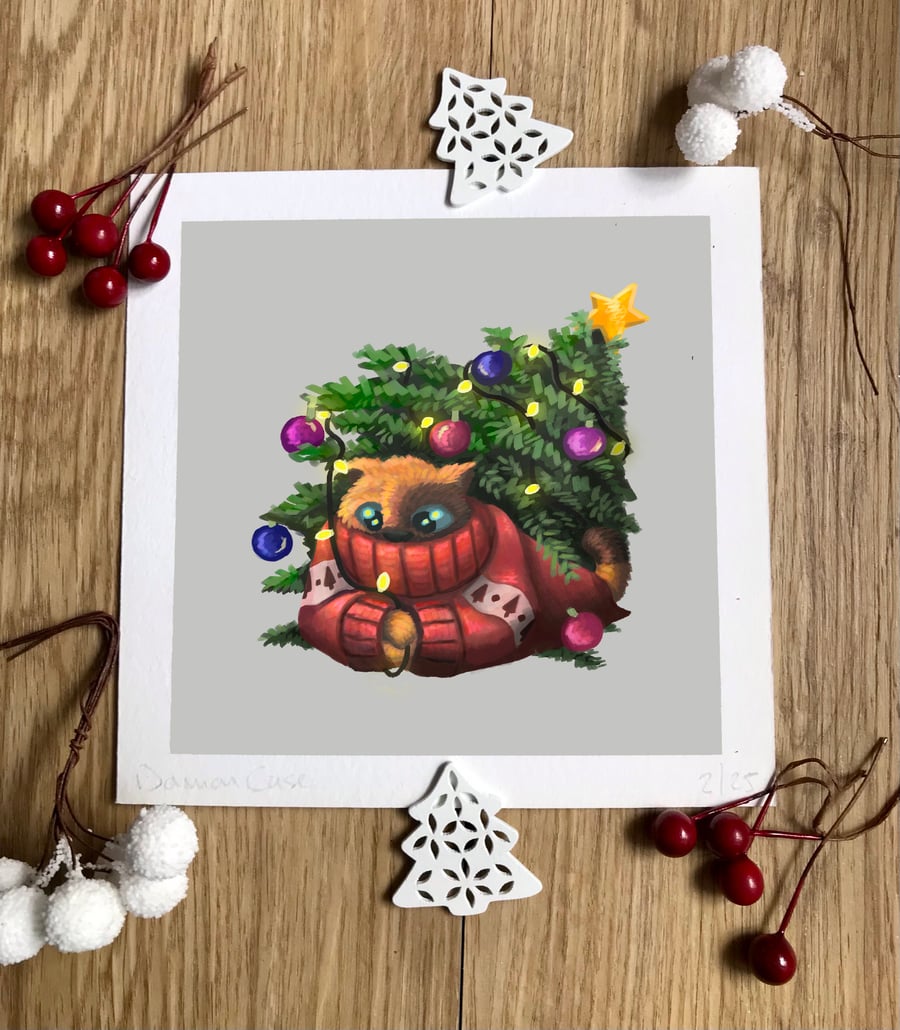 'Winter' Christmas Tree Cat Art Print