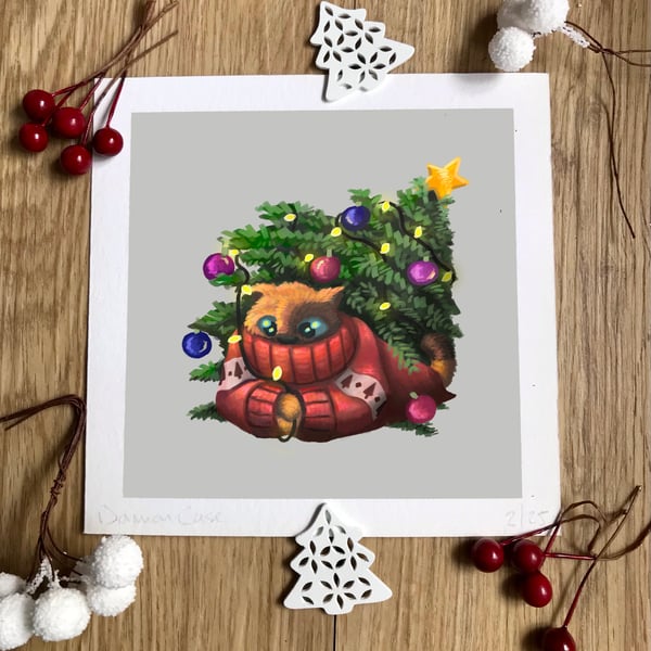 'Winter' Christmas Tree Cat Art Print