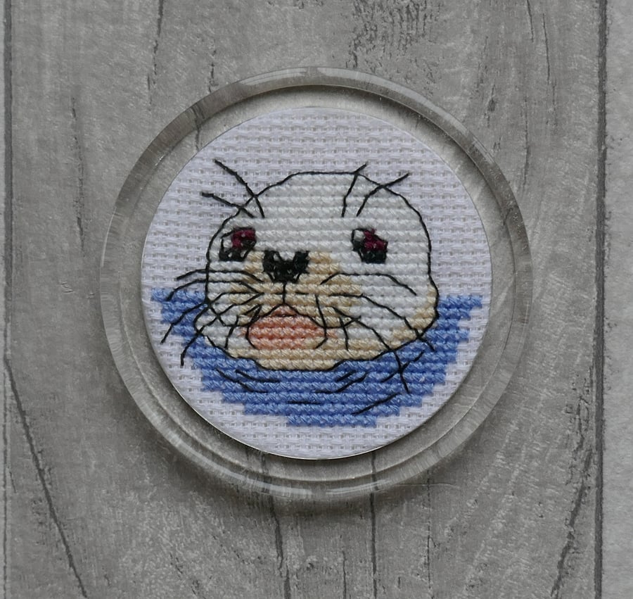 Cross Stitch Baby Seal Fridge Magnet in Round Acrylic Frame